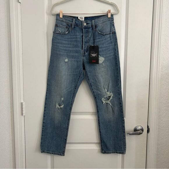 Levi's Denim - Levi’s 501 Original Cropped Hi Rise Straight Leg Button Fly Distressed Jeans 28